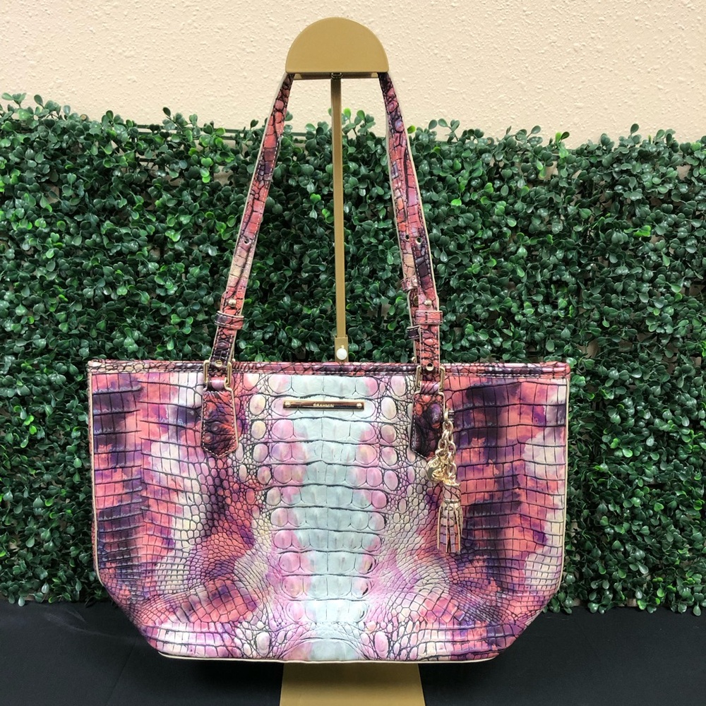 Brahmin Pink Multi Croc-Embossed Leather Shoulder Tote